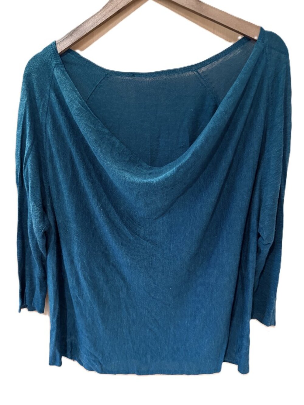 Eileen Fisher Blue Drape Neck Silk/Linen Raglan Sweater, 3/4 Sleeve, Size XL